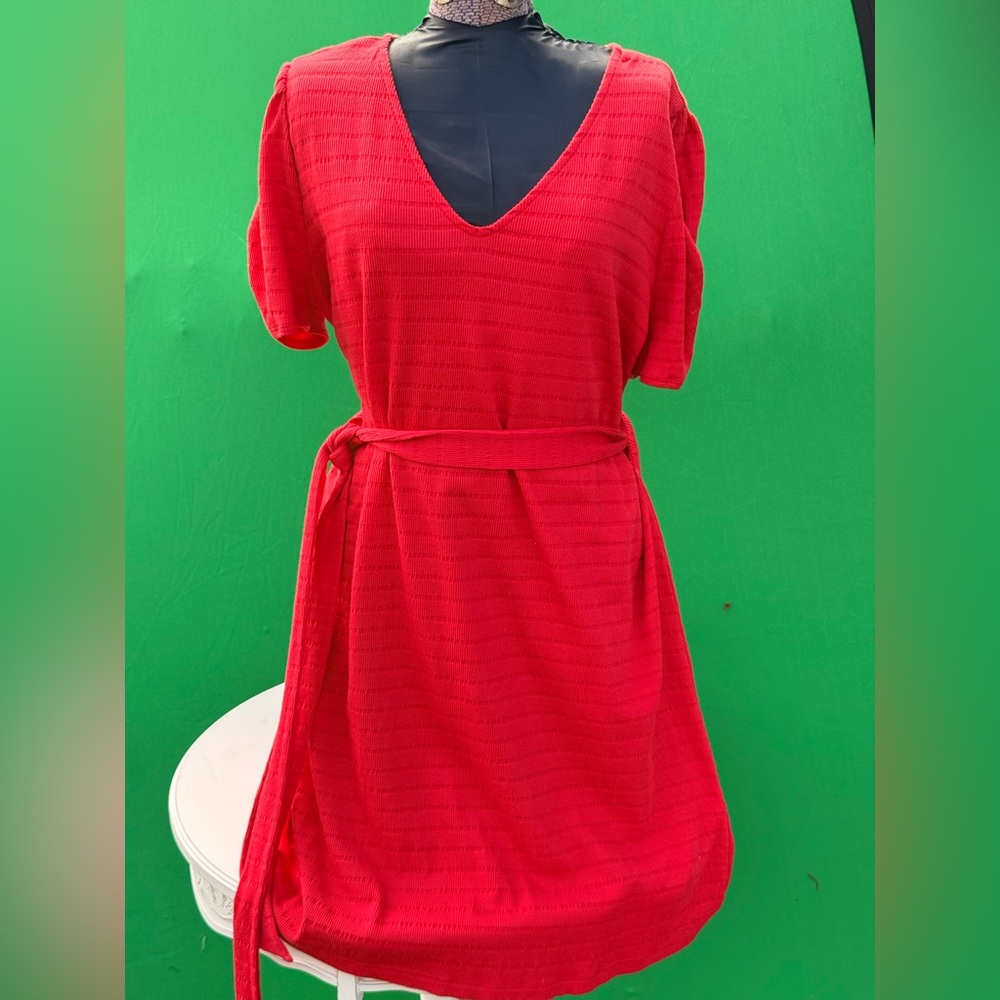 LOFT Red Ribbed V-Neck Short Sleeve Belted Mini Dress Size Large